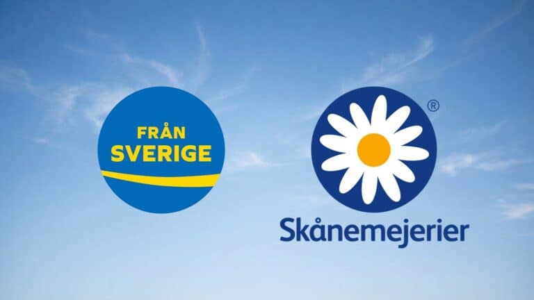 Logotyperna Från Sverige och Skånemejerier mot en ljusblå himmel.